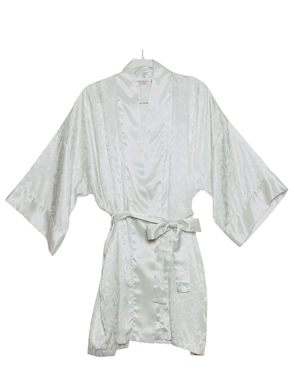 Victoria’s Secret Vtg Gold Label OS Ivory Satin Scroll Pattern Short Kimono Robe